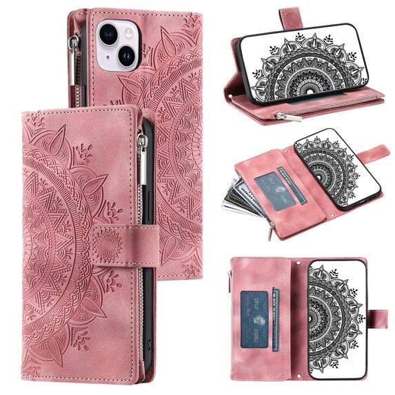Mantto Crossbody Case for iPhone 14,Embossed Pattern PU Leather Zipper Pocket Magnetic Flip Holder ID Credit Card Slots Wallet Phone Case with Detachable Shoulder Strap,Pink