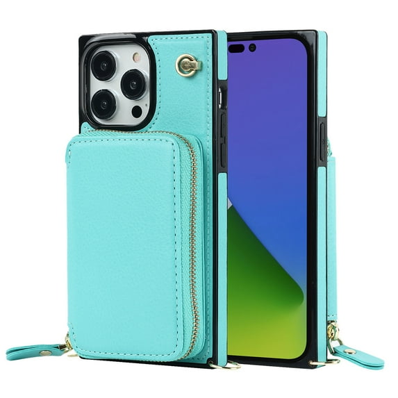 Mantto Crossbody Case for iPhone 14 Pro Max, Wallet Credit Card Kickstand Holder Shoulder Strap Zipper Pocket Premium PU Leather Case for Apple iPhone 14 Pro Max - 6.7", Mint