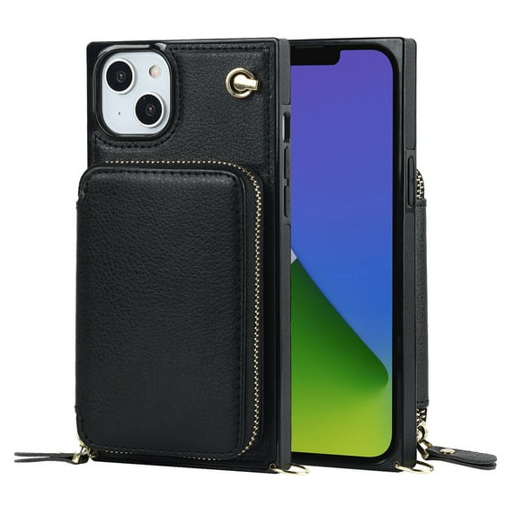 Mantto Crossbody Case for iPhone 14, Wallet Credit Card Kickstand Holder Shoulder Strap Zipper Pocket Premium PU Leather Case for Apple iPhone 14, Black