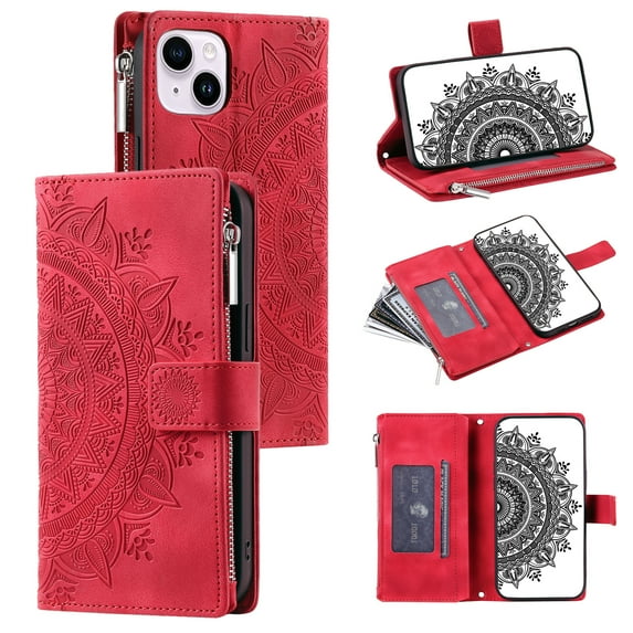 Mantto Crossbody Case for iPhone 15,Embossed Pattern PU Leather Zipper Pocket Magnetic Flip Holder ID Credit Card Slots Wallet Phone Case with Detachable Shoulder Strap,Red