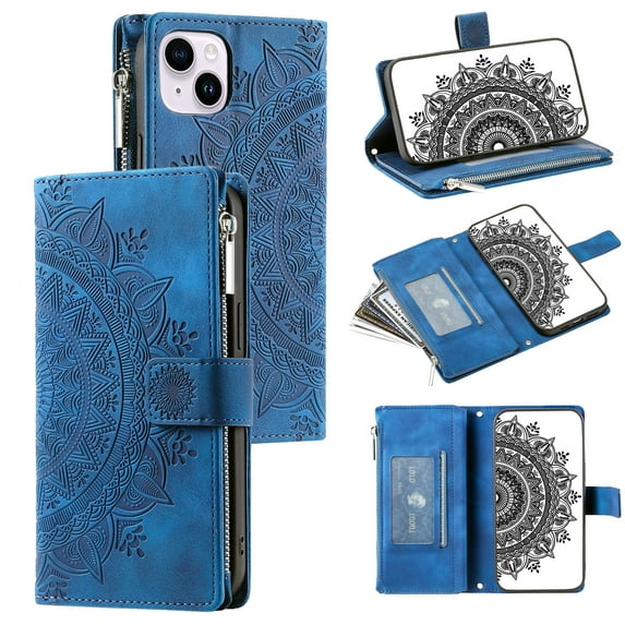 Mantto Crossbody Case for iPhone 15,Embossed Pattern PU Leather Zipper Pocket Magnetic Flip Holder ID Credit Card Slots Wallet Phone Case with Detachable Shoulder Strap,Blue