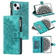 thumbnail image 1 of Mantto Crossbody Case for iPhone 15 Plus,Embossed Pattern PU Leather Zipper Pocket Magnetic Flip Holder ID Credit Card Slots Wallet Phone Case with Detachable Shoulder Strap,Green, 1 of 14