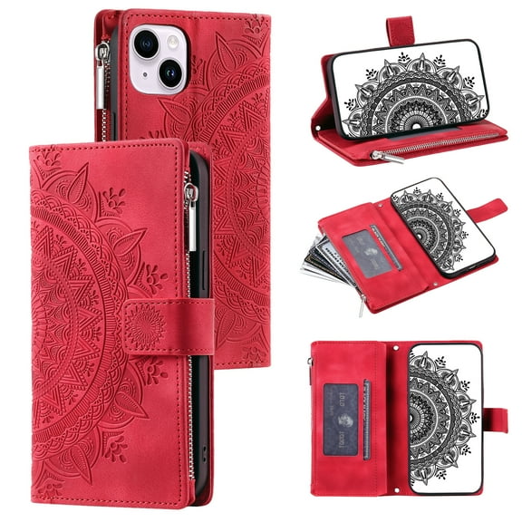 Mantto Crossbody Case for iPhone 15 Plus,Embossed Pattern PU Leather Zipper Pocket Magnetic Flip Holder ID Credit Card Slots Wallet Phone Case with Detachable Shoulder Strap,Red
