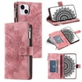 thumbnail image 1 of Mantto Crossbody Case for iPhone 15 Plus,Embossed Pattern PU Leather Zipper Pocket Magnetic Flip Holder ID Credit Card Slots Wallet Phone Case with Detachable Shoulder Strap,Pink, 1 of 14
