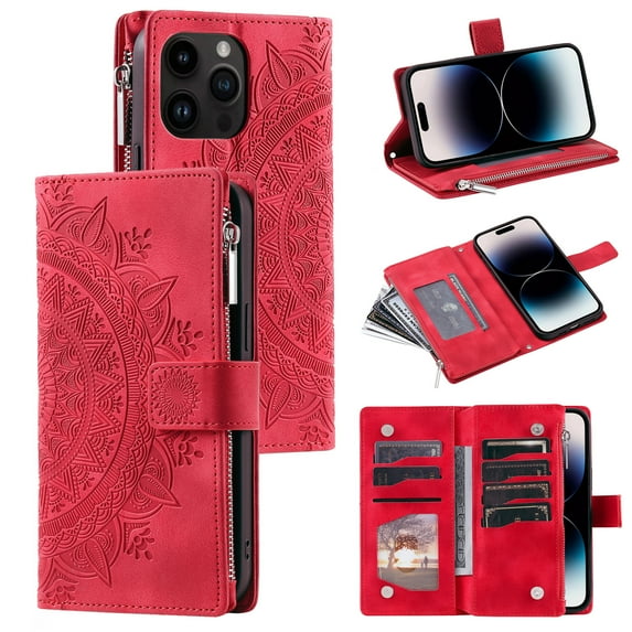 Mantto Crossbody Case for iPhone 15 Pro,Embossed Pattern PU Leather Zipper Pocket Magnetic Flip Holder ID Credit Card Slots Wallet Phone Case with Detachable Shoulder Strap,Red