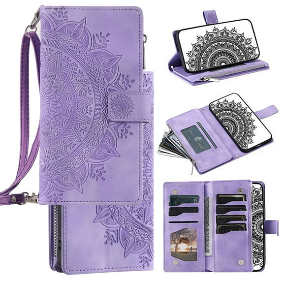 Mantto Crossbody Case for iPhone 16 Plus,Embossed Pattern PU Leather Zipper Pocket Magnetic Flip Holder ID Credit Card Slots Wallet Phone Case with Detachable Shoulder Strap,Purple