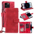 thumbnail image 1 of Mantto Crossbody Case for iPhone 16 Pro,Embossed Pattern PU Leather Zipper Pocket Magnetic Flip Holder ID Credit Card Slots Wallet Phone Case with Detachable Shoulder Strap,Red, 1 of 12
