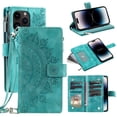 thumbnail image 1 of Mantto Crossbody Case for iPhone 16 Pro,Embossed Pattern PU Leather Zipper Pocket Magnetic Flip Holder ID Credit Card Slots Wallet Phone Case with Detachable Shoulder Strap,Green, 1 of 11