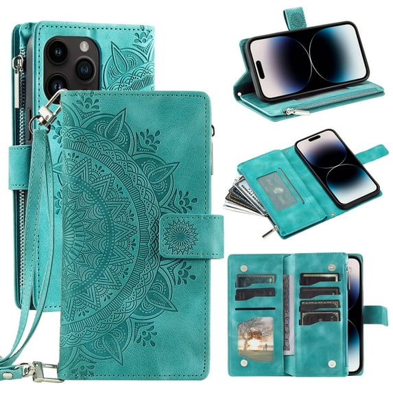 Mantto Crossbody Case for iPhone 16 Pro Max,Embossed Pattern PU Leather Zipper Pocket Magnetic Flip Holder ID Credit Card Slots Wallet Phone Case with Detachable Shoulder Strap,Green