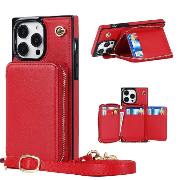 Mantto Crossbody Case for iPhone 16 Pro Max, Wallet Credit Card Kickstand Holder Shoulder Strap Zipper Pocket Premium PU Leather Case for Apple iPhone 16 Pro Max- 6.1", Red