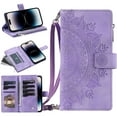 thumbnail image 1 of Mantto Crossbody Case for iPhone 16e,Embossed Pattern PU Leather Zipper Pocket Magnetic Flip Holder ID Credit Card Slots Wallet Phone Case with Detachable Shoulder Strap,Purple, 1 of 7