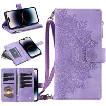Mantto Crossbody Case for iPhone 16e,Embossed Pattern PU Leather Zipper Pocket Magnetic Flip Holder ID Credit Card Slots Wallet Phone Case with Detachable Shoulder Strap,Purple