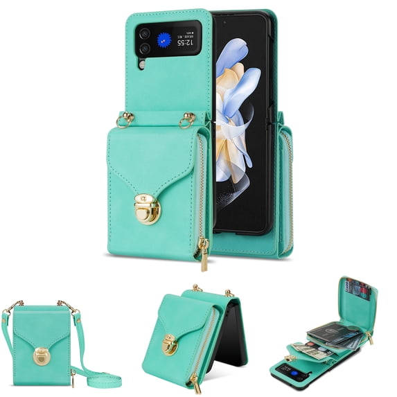 Mantto Crossbody Wallet Case for Samsung Galaxy Z Flip4 (6.7 inch),Premium PU Leather Metal Buckle Large Capacity Zipper Pocket Card Holder Shockproof Phone Case with Shoulder Strap,Mint