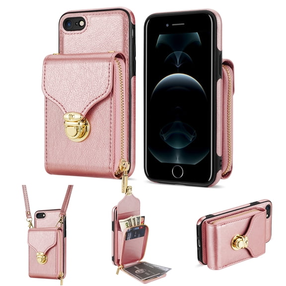 Mantto Crossbody Wallet Case for iPhone SE 2022/SE 2020/8/7 (4.7 inch),Premium PU Leather Metal Buckle Large Capacity Zipper Pocket Card Holder Shockproof Stand Phone Case+Shoulder Strap,Rosegold