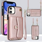 Mantto Crossbody Wallet Women Case for iPhone 13, [RFID Blocking] CRedit Card Holder Phone Case with Strap Leather Purse with Lanyard Magnetic Flip Cover Girl For iPhone 13, Rosegold