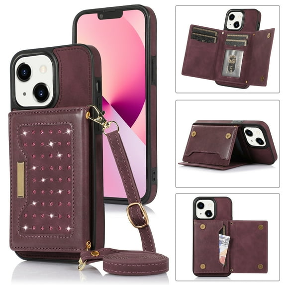 Mantto Crossbody Wallet Women Case for iPhone 15 Plus,Credit Card Pocket Diamond Design Phone Case with Strap,PU Leather Purse with Lanyard Bling Flip Cover For iPhone 15 Plus, Wine Red
