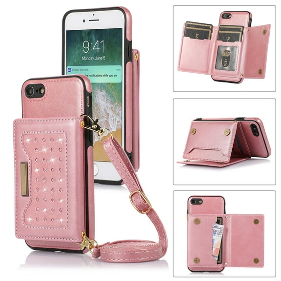Mantto Crossbody Wallet Women Case for iPhone 7 Plus, iPhone 8 Plus,Credit Card Holder Phone Case with Strap,PU Leather Purse with Lanyard Bling Flip Cover For iPhone 8 Plus/7 Plus, Pink
