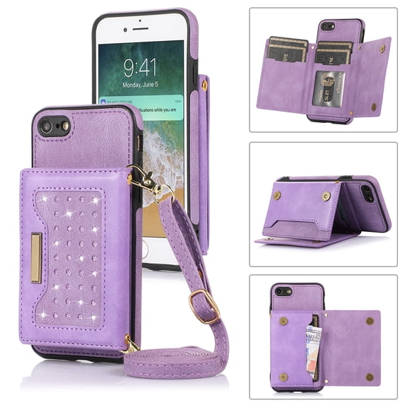 Mantto Crossbody Wallet Women Case for iPhone 7, iPhone 8, iPhone SE 2020,Credit Card Pocket Diamond Design Phone Case with Strap,PU Leather Purse with Lanyard Bling Flip Cover, Purple