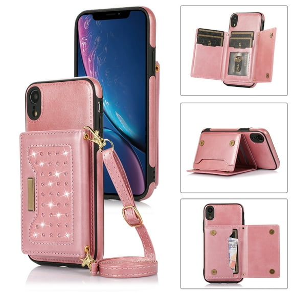Mantto Crossbody Wallet Women Case for iPhone XR,Credit Card Pocket Diamond Design Phone Case with Strap,PU Leather Purse with Lanyard Bling Flip Cover For iPhone XR, Pink