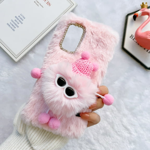Mantto Cute Cartoon Case for Samsung Galaxy A42 5G, Kawaii Fluffy Plush Briquettes Soft Warm Cover with Sparkle Glitter Diamond Rhinestone Lens Frame Case Shockproof Cold Weather Case,Pink