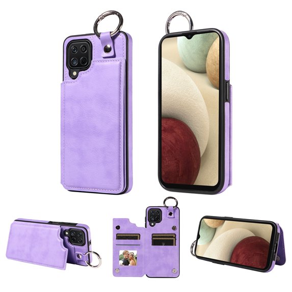 Mantto Design for Samsung Galaxy A12 PU Leather Wallet Phone Case with Kickstand Card Holder Slots Metal Ring Double Magnetic Clasp Back Flip Folio Protective Cover for Women Men,Purple
