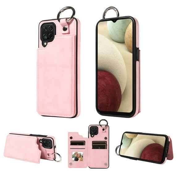 Mantto Design for Samsung Galaxy A12 PU Leather Wallet Phone Case with Kickstand Card Holder Slots Metal Ring Double Magnetic Clasp Back Flip Folio Protective Cover for Women Men,Rosegold