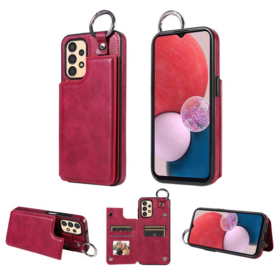 Mantto Design for Samsung Galaxy A13 4G PU Leather Wallet Phone Case with Kickstand Card Holder Slots Metal Ring Double Magnetic Clasp Back Flip Folio Protective Cover for Women Men,Red