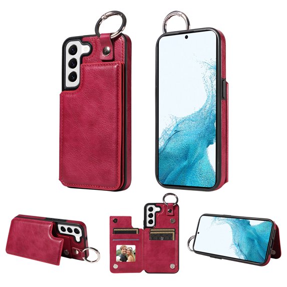 Mantto Design for Samsung Galaxy S22 PU Leather Wallet Phone Case with Kickstand Card Holder Slots Metal Ring Double Magnetic Clasp Back Flip Folio Protective Cover for Women Men,Red