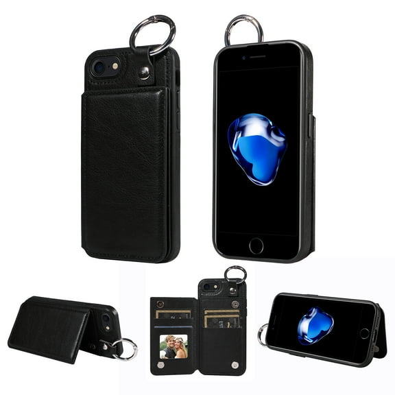 Mantto Design for iPhone 7/8/SE 2020/SE 2022 PU Leather Wallet Phone Case with Kickstand Card Holder Slots Metal Ring Double Magnetic Clasp Back Flip Folio Protective Cover for Women Men,Black