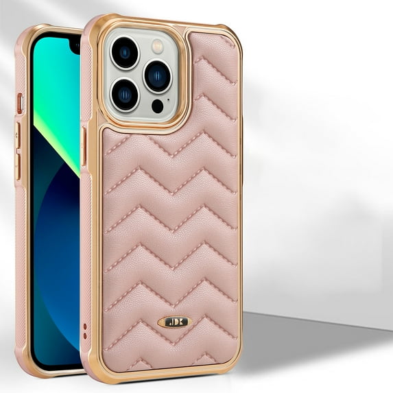 Mantto Designed for iPhone 13 Pro Max 6.7 Inch Wavy Air Cushion Leather Back Case, Gold Plated Anti-Slip Frame Easy to Grip Hard PC Anti-shock Anti-scratch Case, Pink