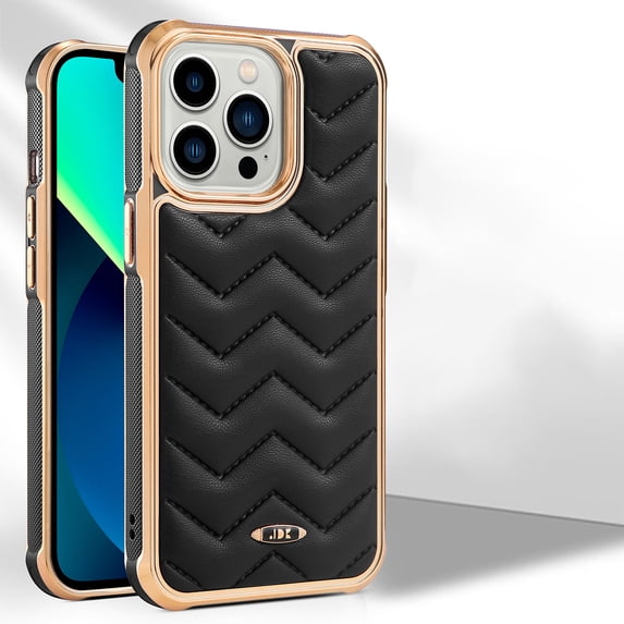 Mantto Designed for iPhone 13 Pro Max 6.7 Inch Wavy Air Cushion Leather Back Case, Gold Plated Anti-Slip Frame Easy to Grip Hard PC Anti-shock Anti-scratch Case, Black