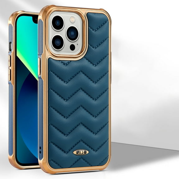 Mantto Designed for iPhone 13 Pro Max 6.7 Inch Wavy Air Cushion Leather Back Case, Gold Plated Anti-Slip Frame Easy to Grip Hard PC Anti-shock Anti-scratch Case, Blue