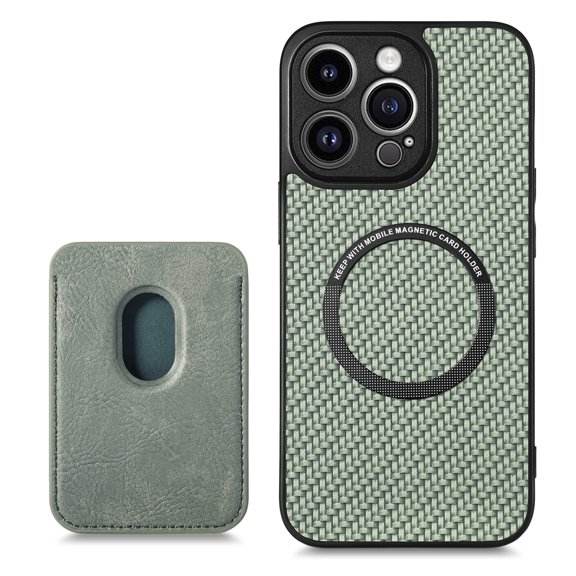 Mantto Detachable Card Pocket Wallet Case for iPhone 15 Pro,Compatible with MagSafe Charging,Premium Fibrous Texture PU Leather Shockproof Anti-Scratch Slim Phone Case,Green