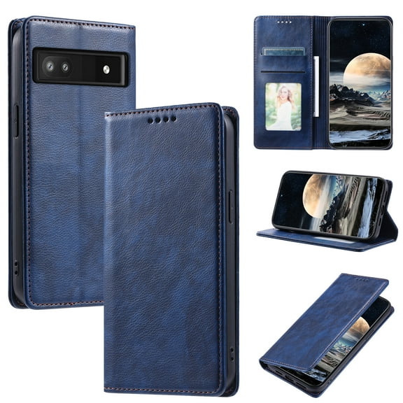 Mantto Flip Wallet Case for Google Pixel 7a, for Women Men, Magnetic Closure Folio Cover with Credit Card Holder Slots, Shockproof Durable PU Leather Kickstand Phone Case,Blue