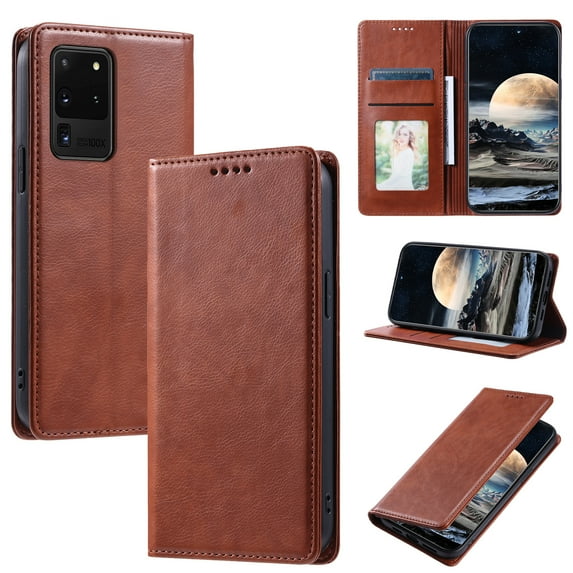 Mantto Flip Wallet Case for Samsung Galaxy S20 Ultra, for Women Men, Magnetic Closure Folio Cover with Credit Card Holder Slots, Shockproof Durable PU Leather Kickstand Phone Case,Brown