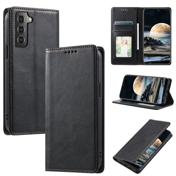 Mantto Flip Wallet Case for Samsung Galaxy S21, for Women Men, Magnetic Closure Folio Cover with Credit Card Holder Slots, Shockproof Durable PU Leather Kickstand Phone Case,Black