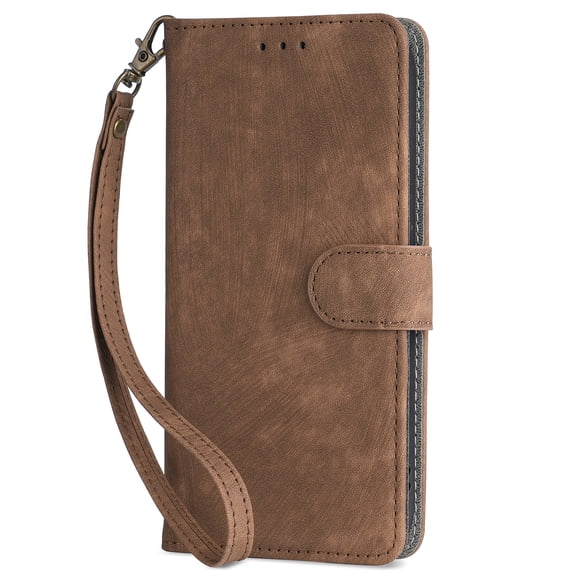 Mantto Flip Wallet Case for iPhone 14 Plus,Luxury 360 Protection Synthetic Leather Soft TPU Shockproof Anti-Scratch Magnetic RFID Kickstand Card Slots Flexible Cover with Wrist Strap.Brown