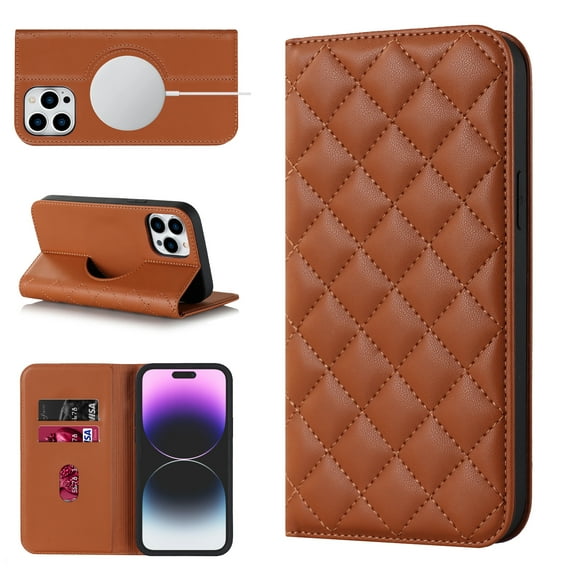 Mantto Flip Wallet Case for iPhone 14 Pro,Compatible with MagSafe Charging,Cover with RFID Blocking Card Holder,Fashion PU Leather Magnetic Closure Folio Flip Stand Shockproof Phone Case,Brown