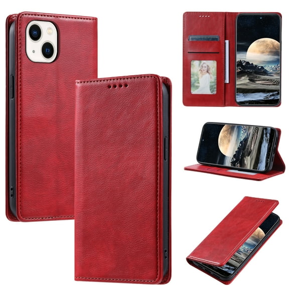Mantto Flip Wallet Case for iPhone 15 Plus, for Women Men, Magnetic Closure Folio Cover with Credit Card Holder Slots, Shockproof Durable PU Leather Kickstand Phone Case,Red