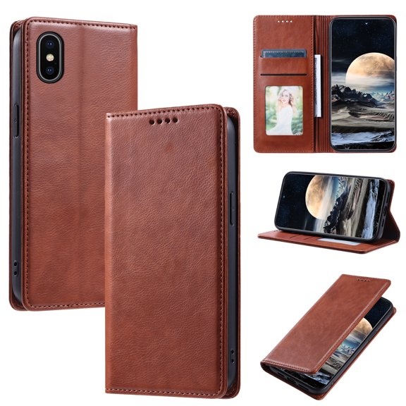 Mantto Flip Wallet Case for iPhone X/XS, for Women Men, Magnetic Closure Folio Cover with Credit Card Holder Slots, Shockproof Durable PU Leather Kickstand Phone Case,Brown