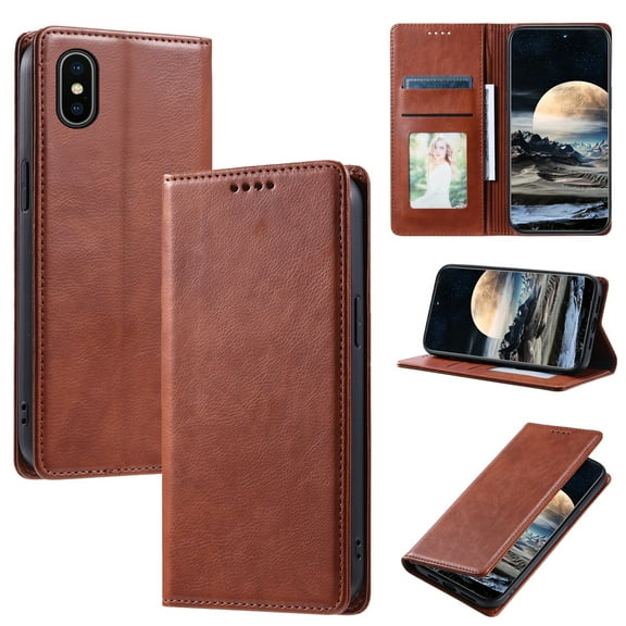 Mantto Flip Wallet Case for iPhone XS Max, for Women Men, Magnetic Closure Folio Cover with Credit Card Holder Slots, Shockproof Durable PU Leather Kickstand Phone Case,Brown