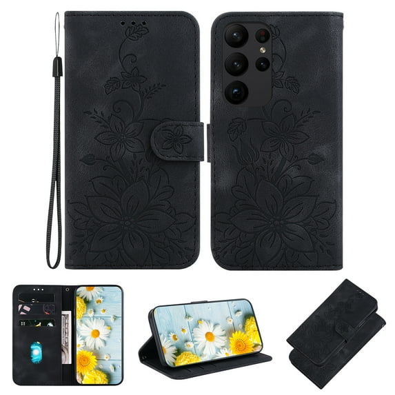 Mantto Flower Pattern Wallet Case for Samsung Galaxy S22 Ultra with Card Holder, Classic PU Leather Purse Cover, Kickstand Magnetic Clasp Hand Strap Shockproof Case for Women Girls - Black