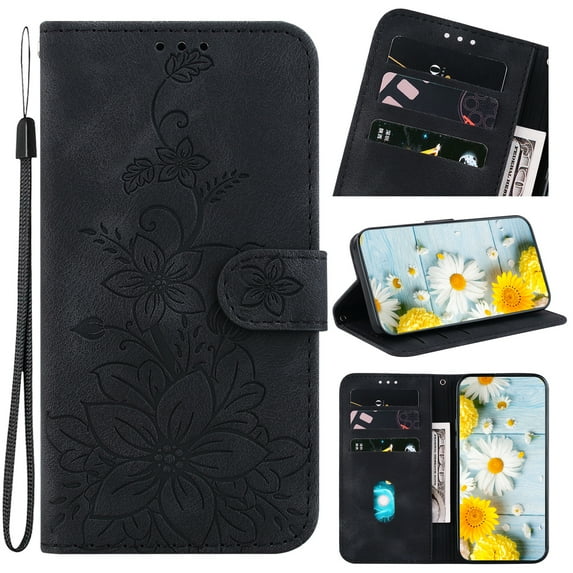 Mantto Flower Pattern Wallet Case for Samsung Galaxy S24 with Card Holder, Classic PU Leather Purse Cover, Kickstand Magnetic Clasp Hand Strap Shockproof Case for Women Girls - Black