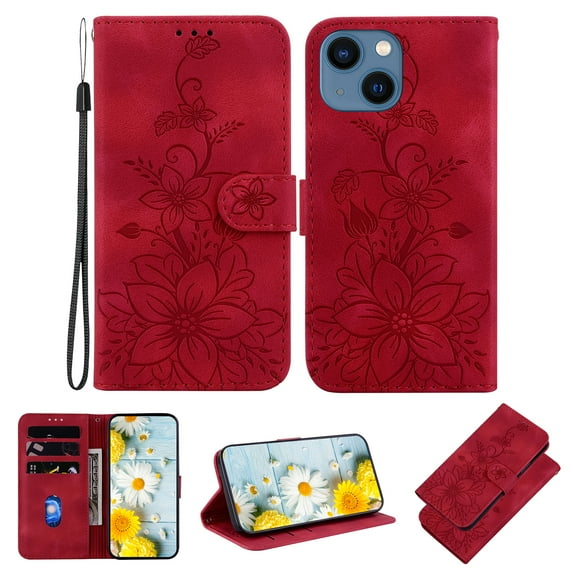 Mantto Flower Pattern Wallet Case for iPhone 14 with Card Holder, Classic PU Leather Purse Cover, Kickstand Magnetic Clasp Hand Strap Shockproof Case for Women Girls - Red
