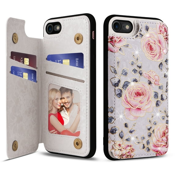 Mantto Flower Pattern Wallet Case for iPhone SE 2022 & 2020 / iPhone 8 / iPhone 7 with Card Holder / RFID Blocking / Stand, Stylish Pattern PU Leather Shockproof Flip Cover for Women Girls - Rose