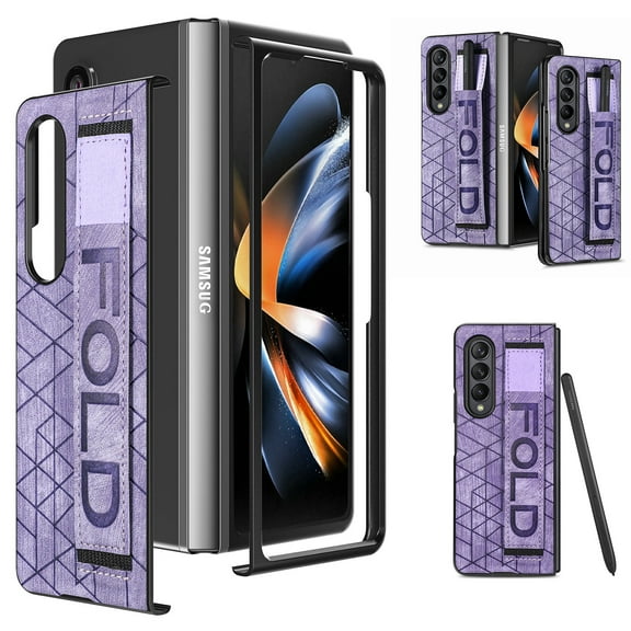 Mantto Folding Case for Samsung Galaxy Z Fold 4, Luxury PU Leather Dexterity Slim Thin Fit Case with Pen Holder Slot Wristband Strap Design Phone Cover, Soft Silicone Shockproof Anti-Drop Case,Purple