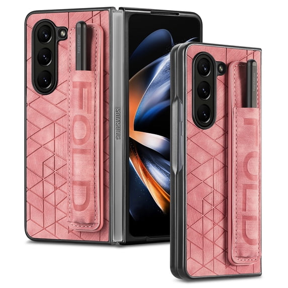 Mantto Folding Case for Samsung Galaxy Z Fold 6, Luxury PU Leather Dexterity Slim Thin Fit Case with Pen Holder Slot Wristband Strap Design Phone Cover, Soft Silicone Shockproof Anti-Drop Case,Pink
