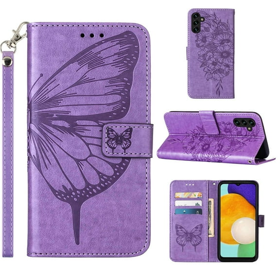 Mantto Galaxy A14 5G Case, Magnetic Folio Butterfly Patterned Wallet Case, Premium PU Leather with Wrist Strap Credit Card Holder Slots Kickstand Protective Cover For Samsung Galaxy A14 5G,Lightpurple