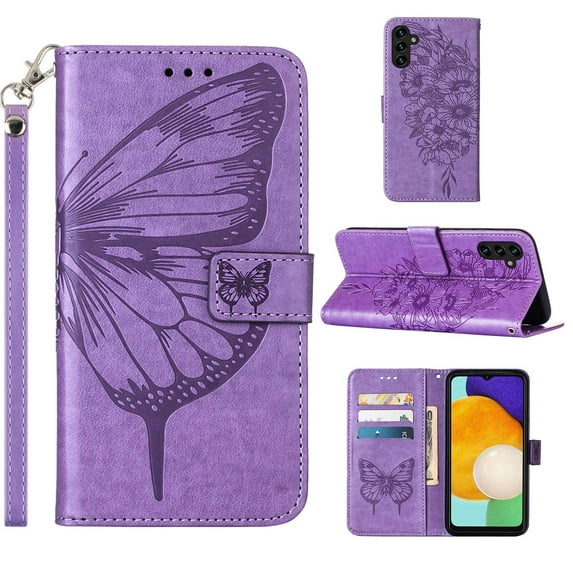 Mantto Galaxy A14 5G Case, Magnetic Folio Butterfly Patterned Wallet Case, Premium PU Leather with Wrist Strap Credit Card Holder Slots Kickstand Protective Cover For Samsung Galaxy A14 5G,Lightpurple