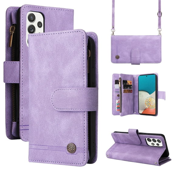 Mantto Galaxy A23 5G Cover, Wallet Card Slot Crossbody/Shoulder Strap + Wristlet Strap Magnetic Flip Premium PU Leather Zipper Pocket With Kickstand For Samsung Galaxy A23 5G,
Purple